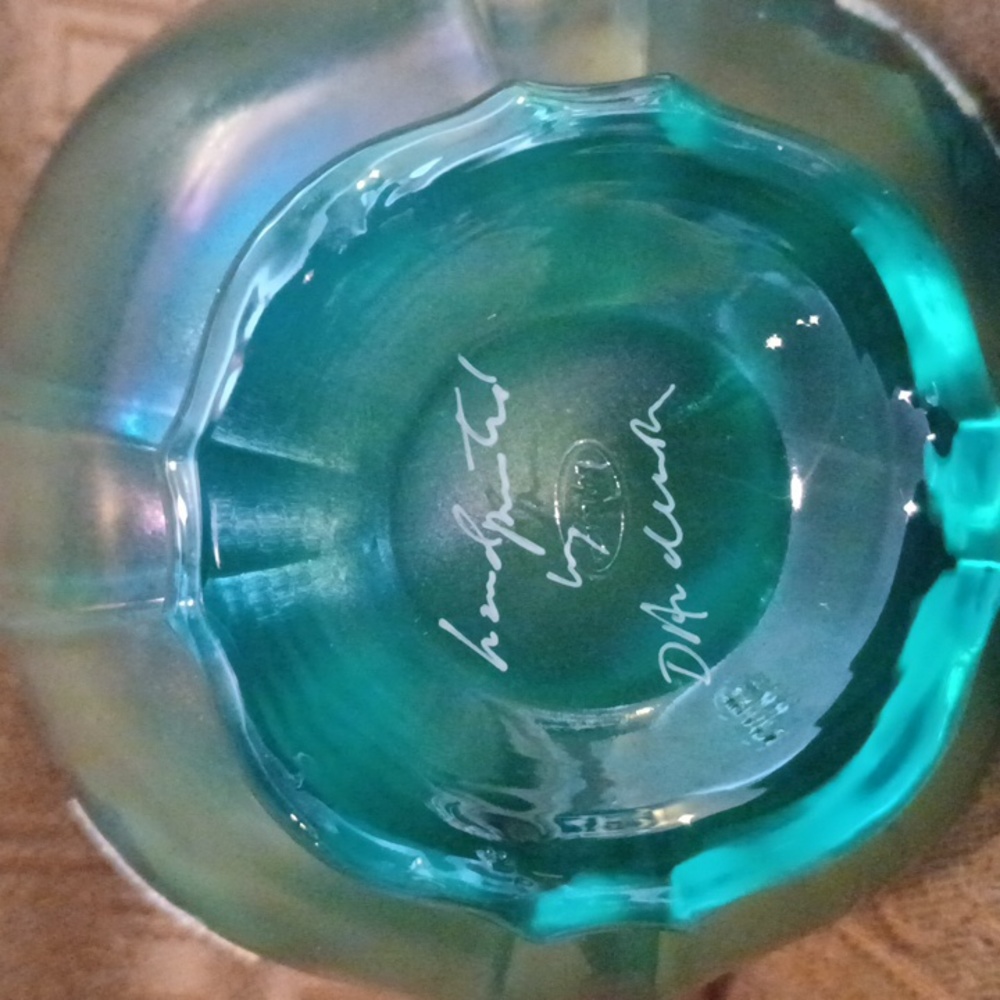 Fenton Blue Green Iridescent Bowl With Hand Painted Flowers - Picture 3 of 5